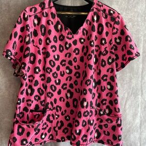 Cherokee Infinity Scrub Top Pink and Black Leopard Print 2XL